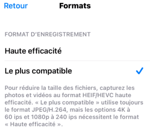 Choix des formats sur iOS