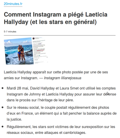 Capture de l'article de 20mn qui précise comment Laeticia s'est fait piéger avec les méta-données des photos envoyées sur Instagram