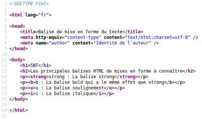 Code source HTML listant des balises de mise en forme